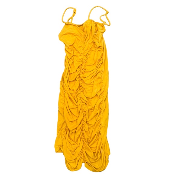 Heart & Hips ruched stretchy bodycon dark banana yellow midi summer spring dress - Picture 1 of 6